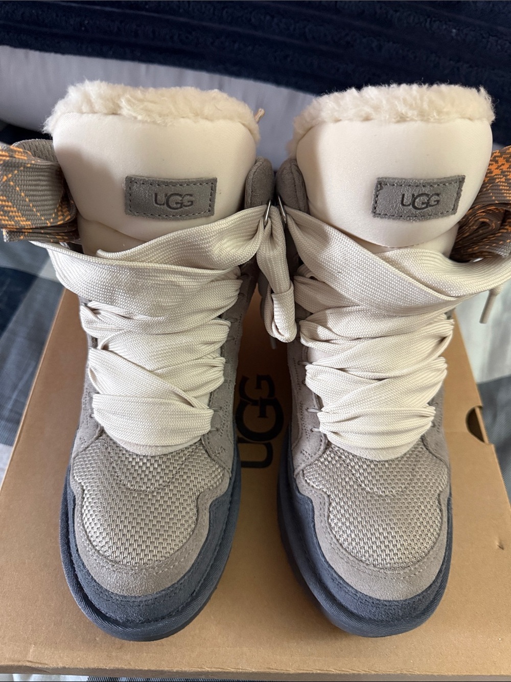 UGG Women's Ivory and Gray Lace-Up Ankle Booties